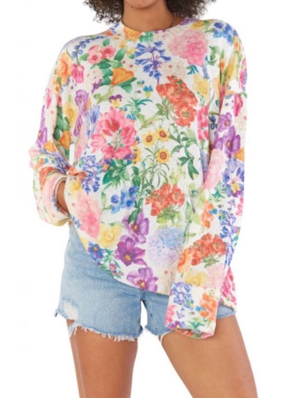 Show Me Your Mumu Sue Cuffed Tunic Sweater Ivory Botanical Floral Oversized XS